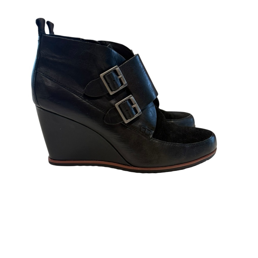 Stylish Black Leather and Suede Wedge Ankle Boots